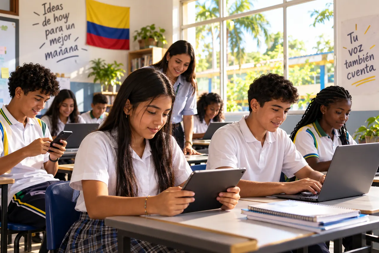 Estudiantes de bachillerato con uniforme votan desde un celular, una tableta y portátiles en el salón de clases, acompañados por una docente