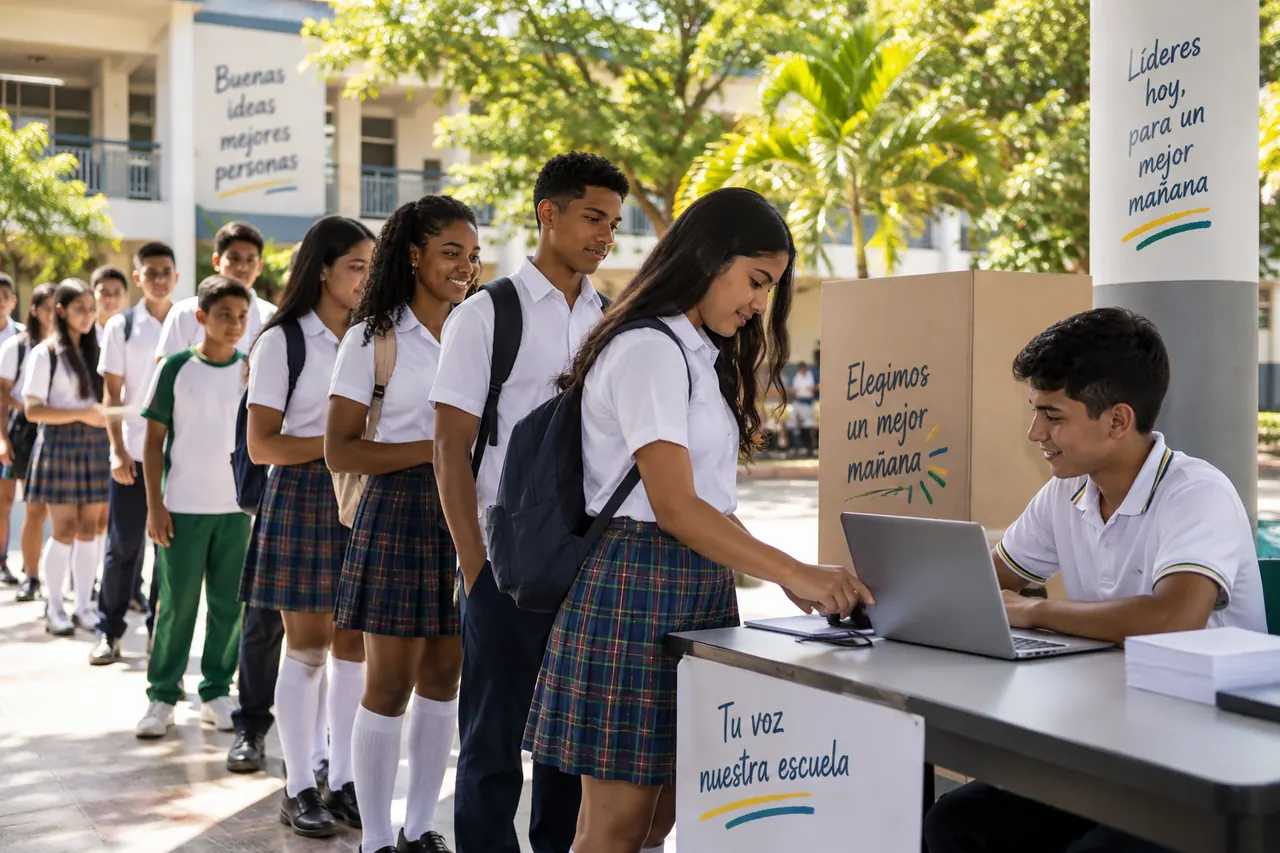 Estudiantes con uniforme hacen fila en el patio del colegio para votar en el portátil de una mesa de votación atendida por un compañero