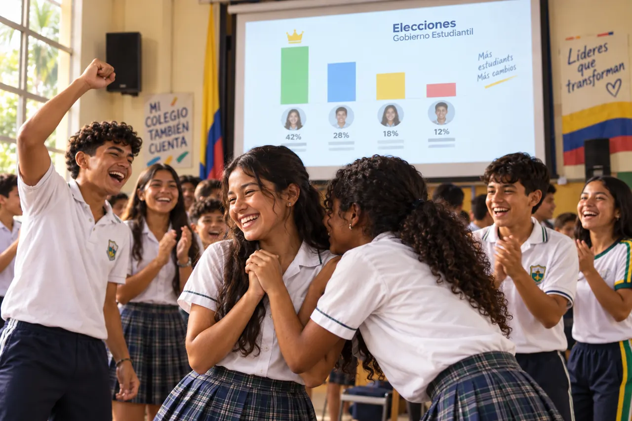 Una estudiante celebra su elección entre abrazos y aplausos de sus compañeros, frente a una pantalla con los resultados del gobierno estudiantil